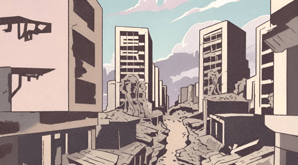 An urban apocalyptic scene, AI generated. Copyright Matt Till 2024.