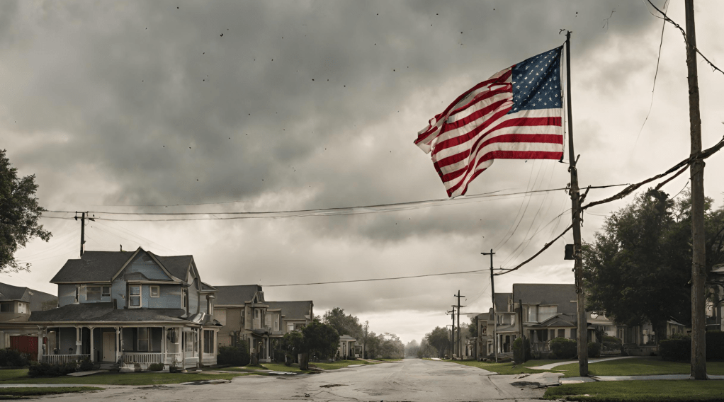 An image of a deserted suburban street with a worn American flag in the foreground. This is an AI generated image. Copyright 2024 Matt Till.