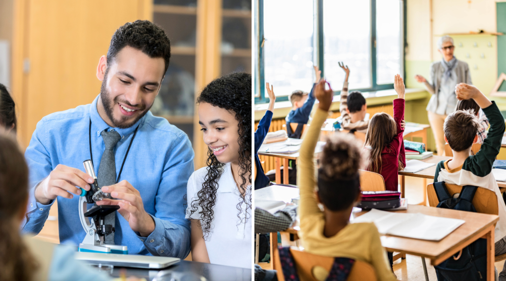 Image of a science teacher talking with a middle school student and an elementary classroom with hands raised.
