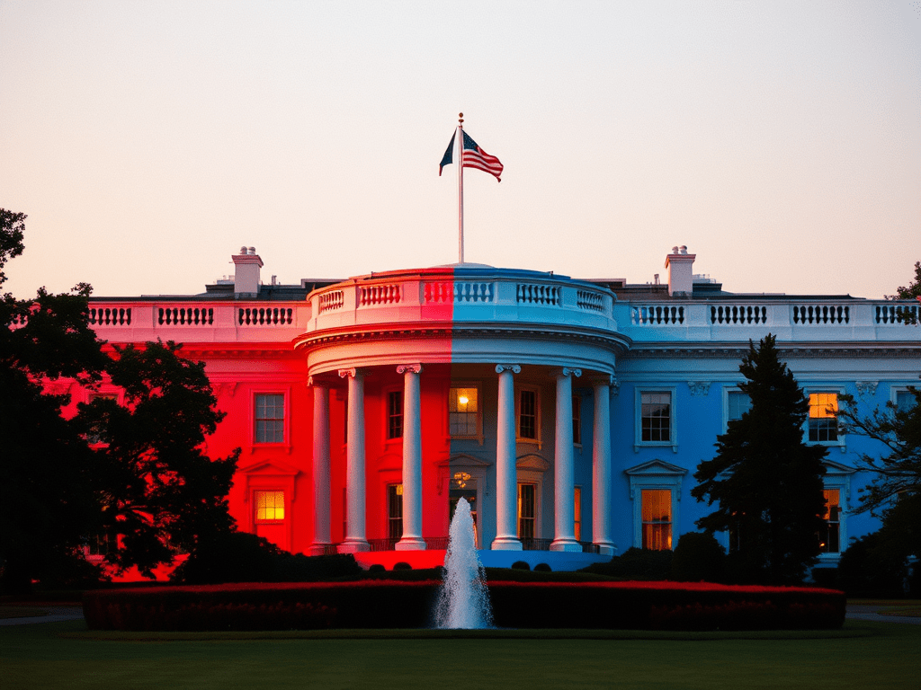 A divided United States White House between red and blue political parties. This is an A.I.-generated image.