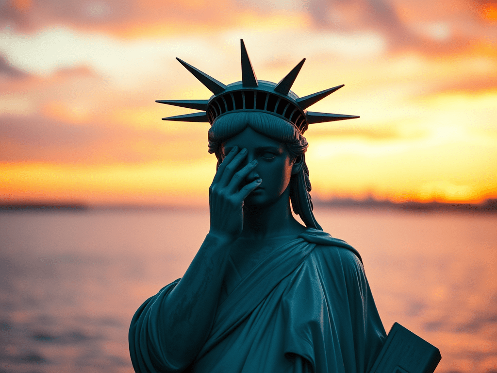The Statue of Liberty, visibly in tears, stands alone on the bay and wipes her tears away. This is an AI-generated image.