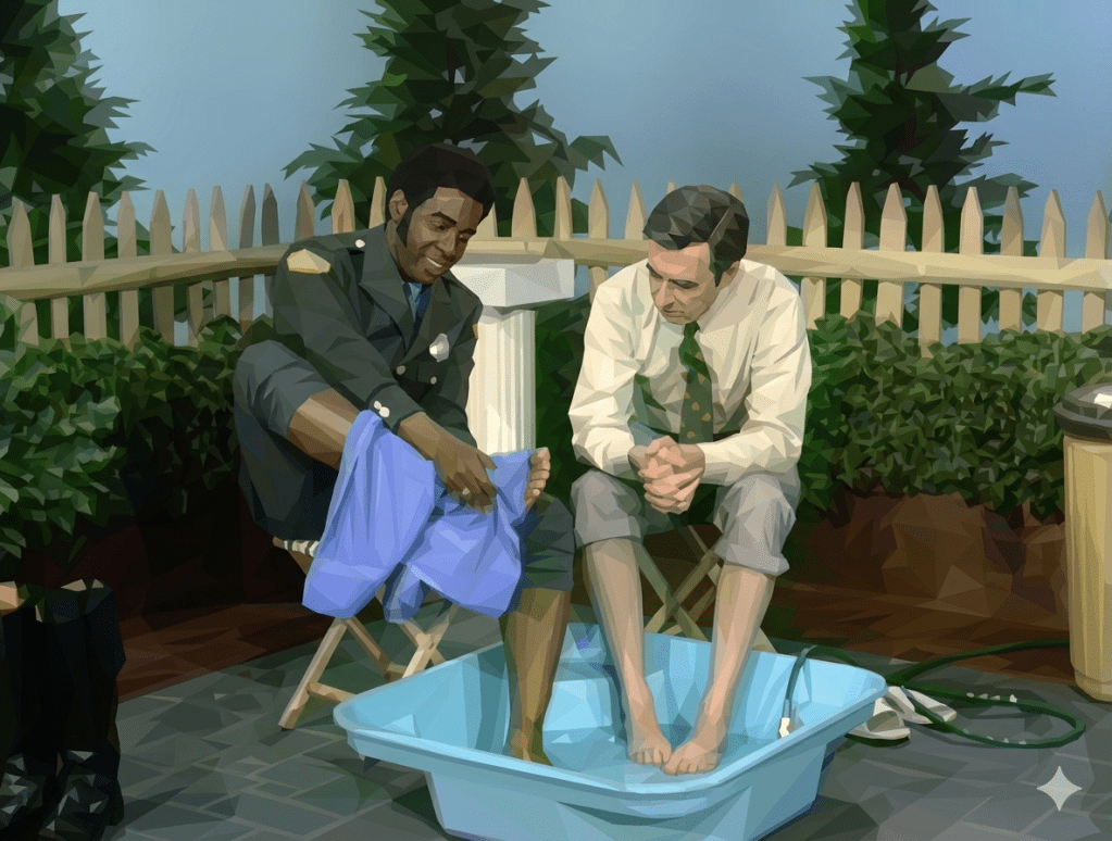 An image depicting Fred Rogers and Officer Clemmons washing their feet in a wading pool.