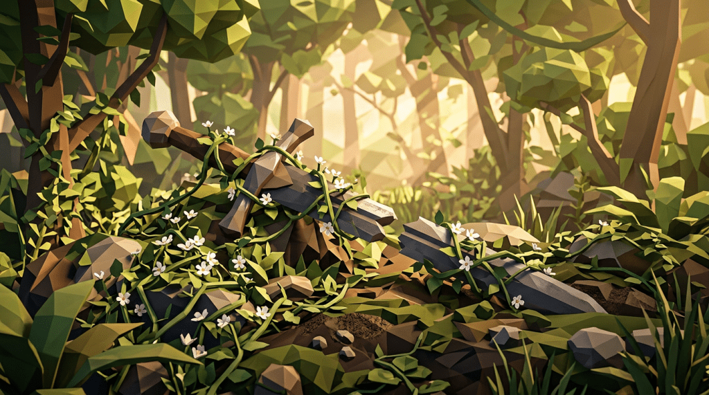 Broken sword entwined with flowering vines in a forest clearing